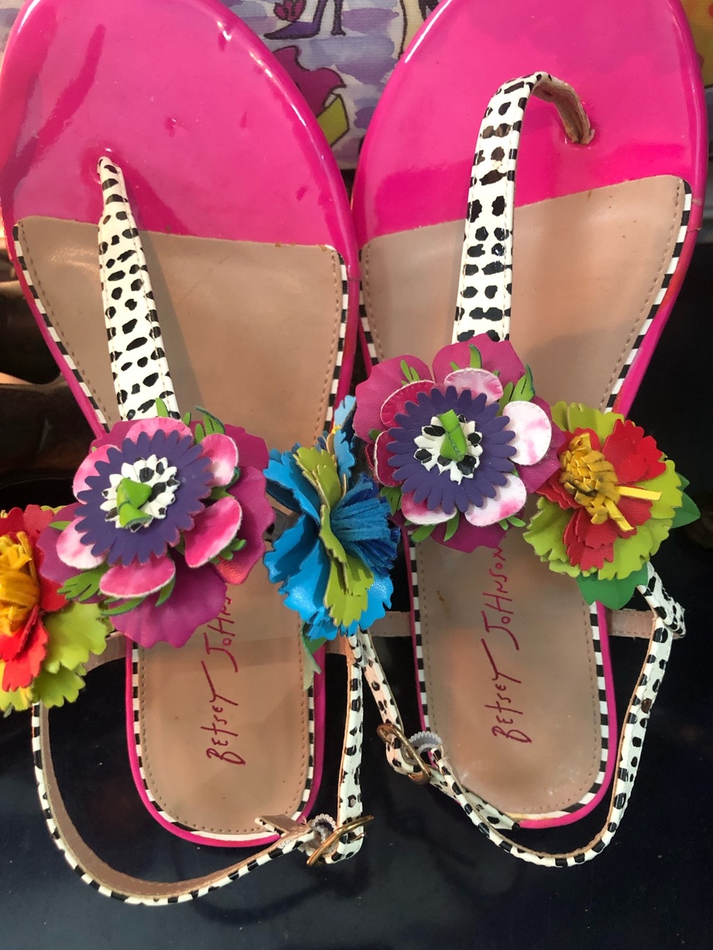 Betsey Johnson Hot Pink Sandals with Multicolor Floral Accents
